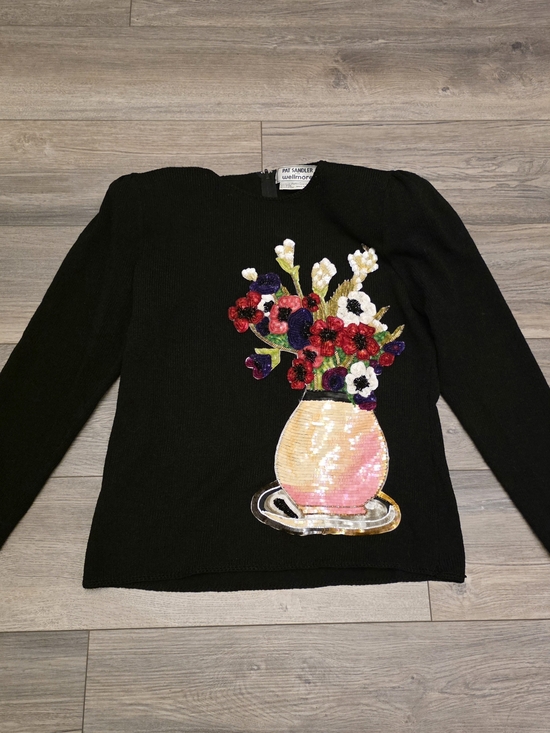 Pat Sandler Wellmore Sweaters - Vtg 80s Pat Sandler Wellmore Sequin Beaded Flower Vase Knit Top Size 10